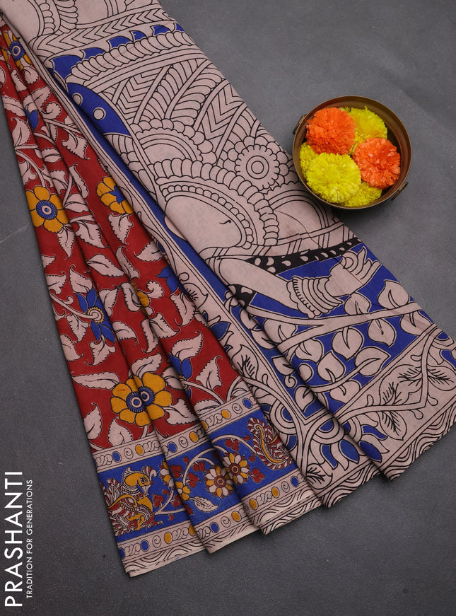 Kalamkari cotton saree maroon and blue with allover prints and printed border
