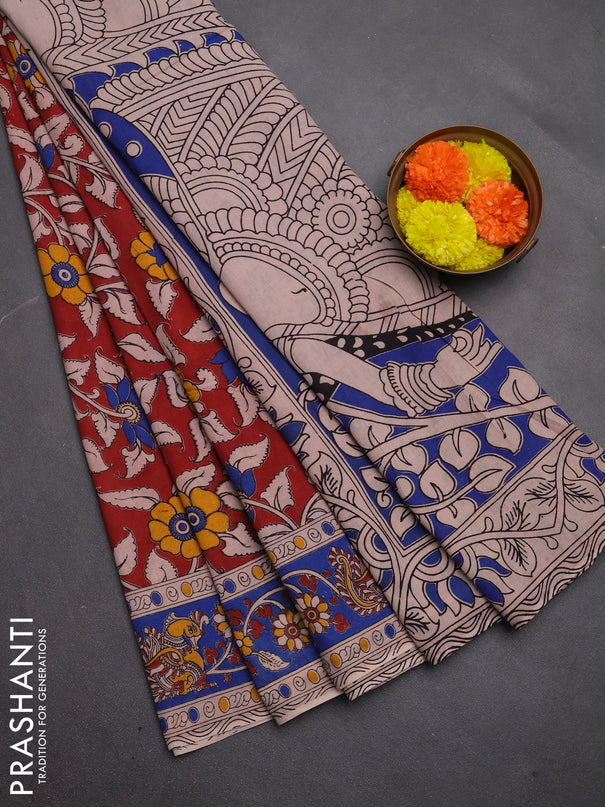 Kalamkari cotton saree maroon and blue with allover prints and printed border