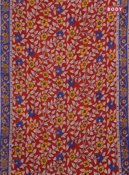 Kalamkari cotton saree maroon and blue with allover prints and printed border