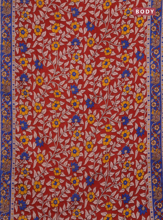 Kalamkari cotton saree maroon and blue with allover prints and printed border
