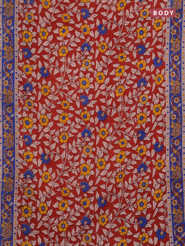 Kalamkari cotton saree maroon and blue with allover prints and printed border