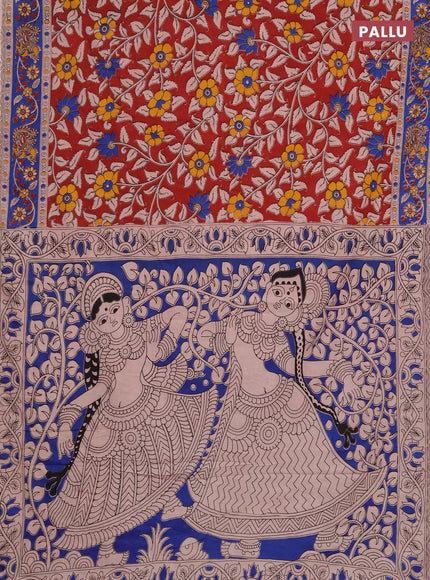 Kalamkari cotton saree maroon and blue with allover prints and printed border