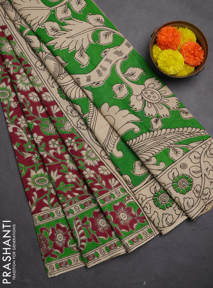 Kalamkari cotton saree wine shade and green with allover prints and printed border