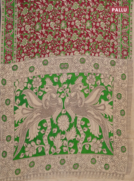Kalamkari cotton saree wine shade and green with allover prints and printed border