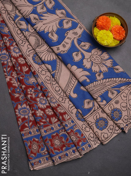 Kalamkari cotton saree maroon and blue with allover prints and printed border