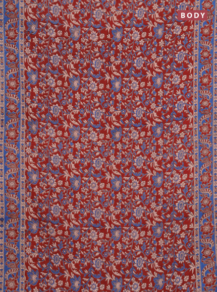 Kalamkari cotton saree maroon and blue with allover prints and printed border