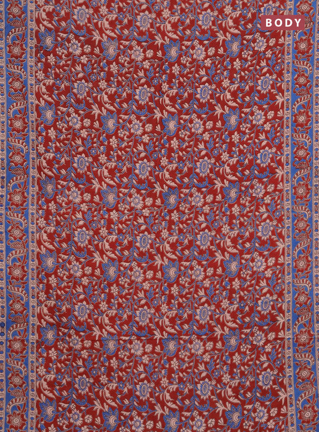 Kalamkari cotton saree maroon and blue with allover prints and printed border