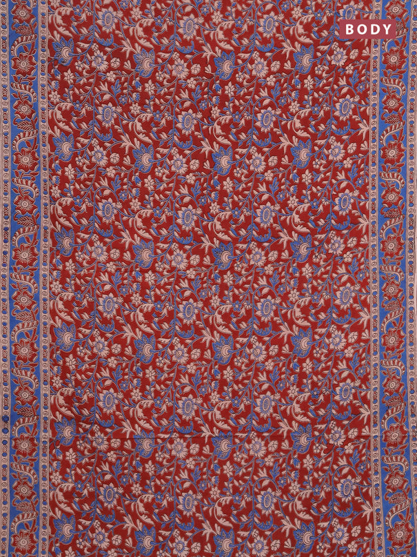 Kalamkari cotton saree maroon and blue with allover prints and printed border