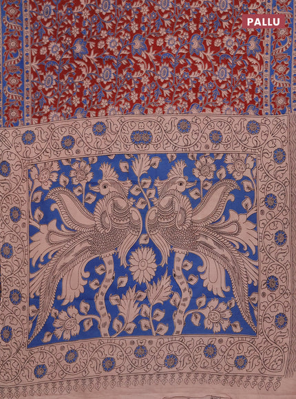 Kalamkari cotton saree maroon and blue with allover prints and printed border