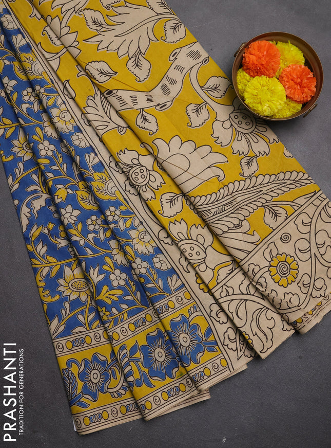 Kalamkari cotton saree blue and yellow with allover prints and printed border