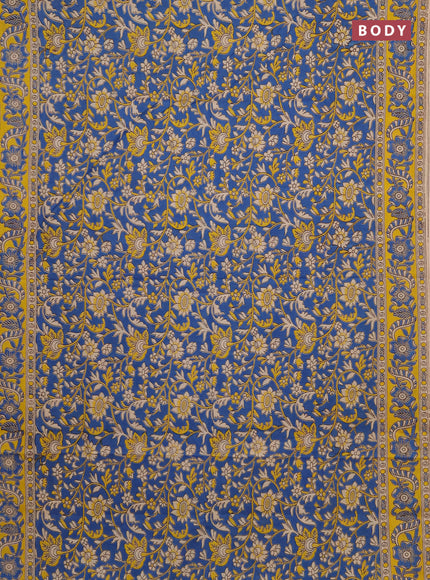 Kalamkari cotton saree blue and yellow with allover prints and printed border