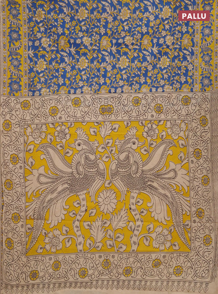 Kalamkari cotton saree blue and yellow with allover prints and printed border