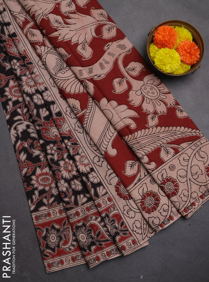 Kalamkari cotton saree black and maroon with allover prints and printed border