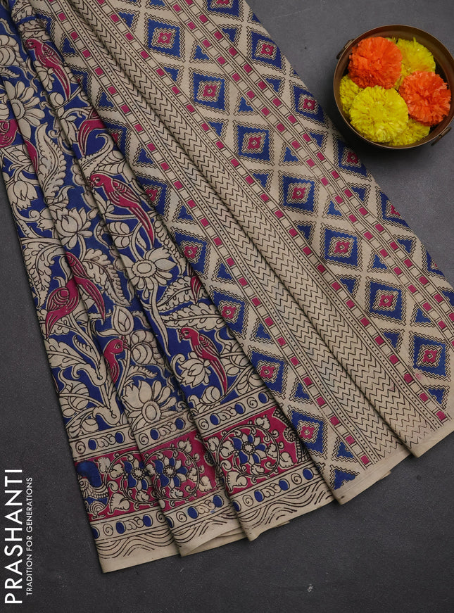 Kalamkari cotton saree blue and magenta pink with allover prints and printed border