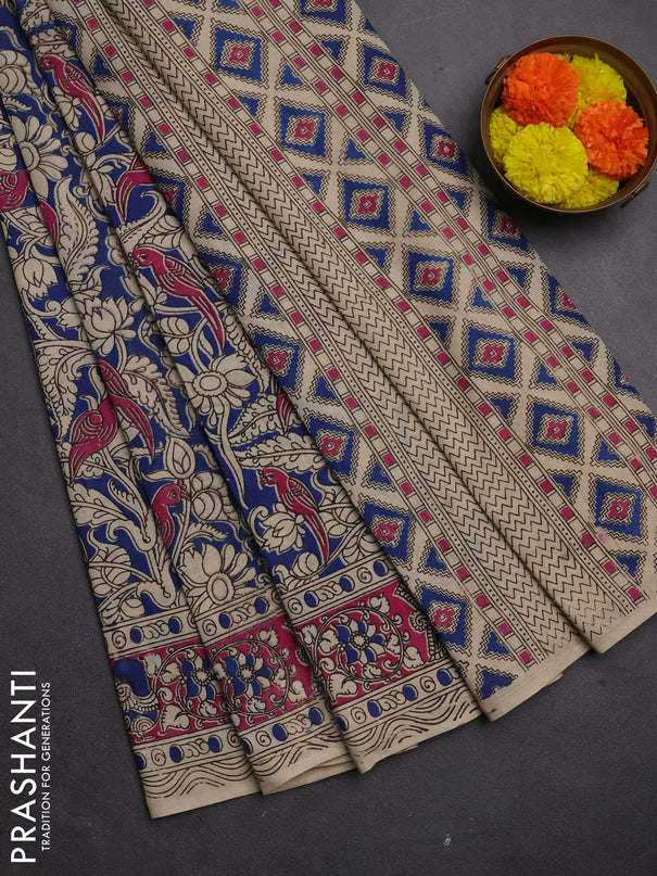 Kalamkari cotton saree blue and magenta pink with allover prints and printed border