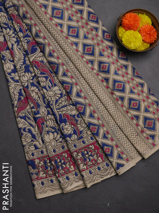 Kalamkari cotton saree blue and magenta pink with allover prints and printed border