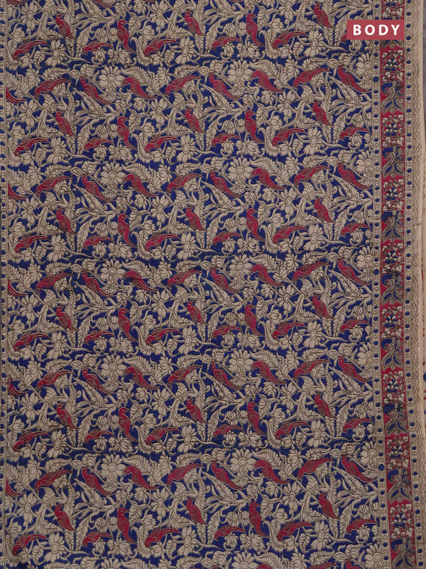 Kalamkari cotton saree blue and magenta pink with allover prints and printed border