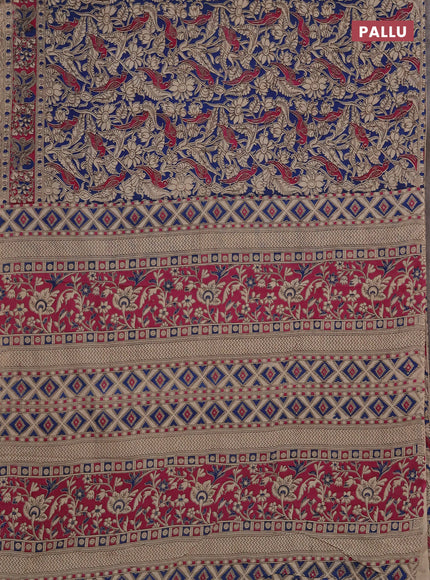 Kalamkari cotton saree blue and magenta pink with allover prints and printed border