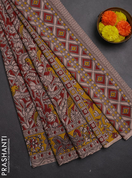Kalamkari cotton saree maroon and yellow with allover prints and printed border