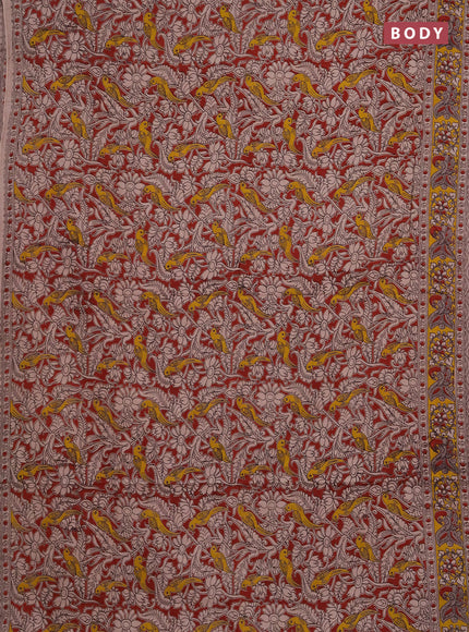 Kalamkari cotton saree maroon and yellow with allover prints and printed border