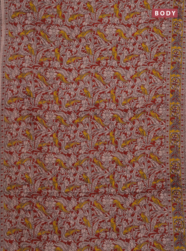 Kalamkari cotton saree maroon and yellow with allover prints and printed border