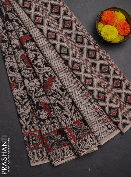 Kalamkari cotton saree black and maroon with allover prints and printed border