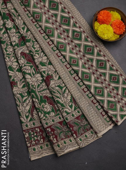 Kalamkari cotton saree green and wine shade with allover prints and printed border