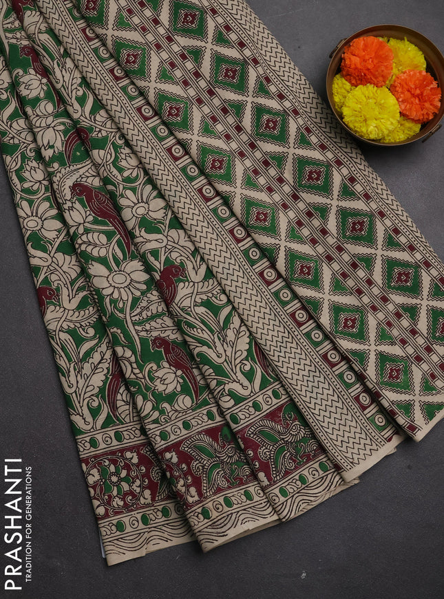 Kalamkari cotton saree green and wine shade with allover prints and printed border