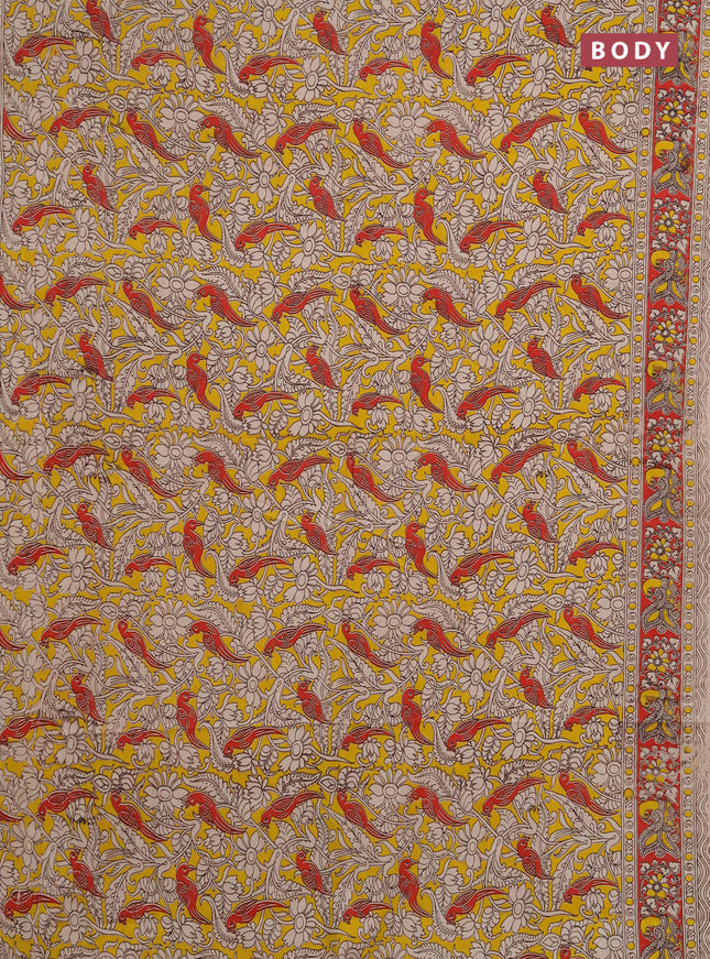 Kalamkari cotton saree yellow and red with allover prints and printed border