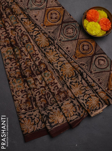 Kalamkari cotton saree coffee brown and black with allover block prints and printed border