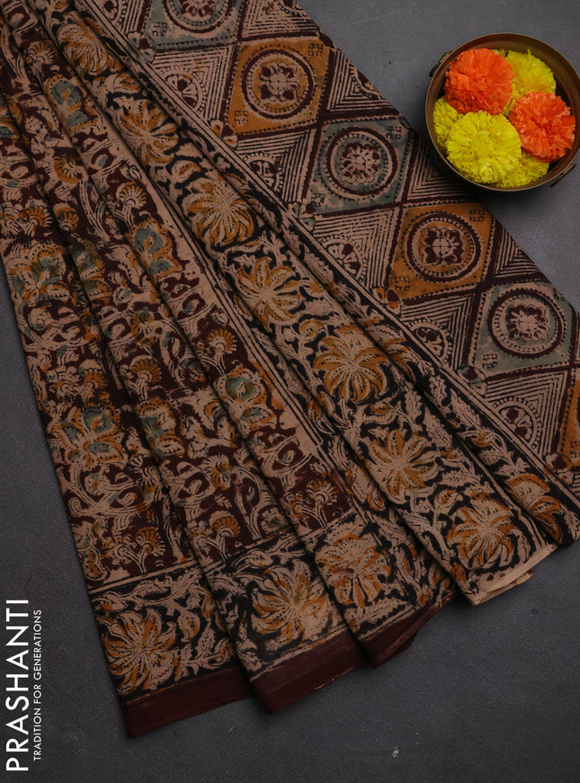 Kalamkari cotton saree coffee brown and black with allover block prints and printed border