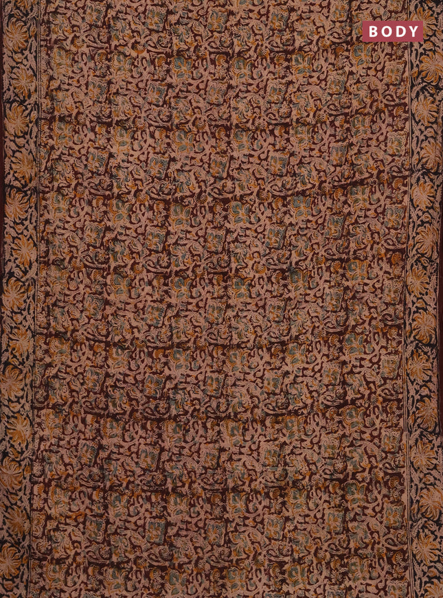 Kalamkari cotton saree coffee brown and black with allover block prints and printed border