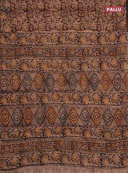 Kalamkari cotton saree coffee brown and black with allover block prints and printed border