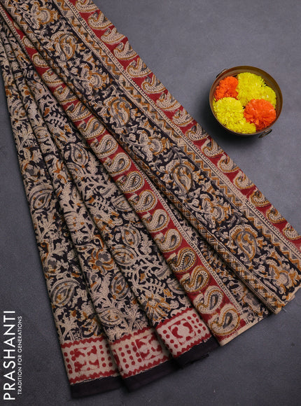 Kalamkari cotton saree black and maroon with allover block prints and printed border