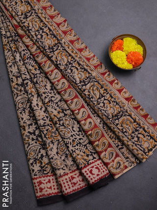 Kalamkari cotton saree black and maroon with allover block prints and printed border