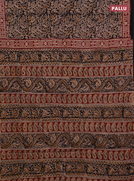 Kalamkari cotton saree black and maroon with allover block prints and printed border
