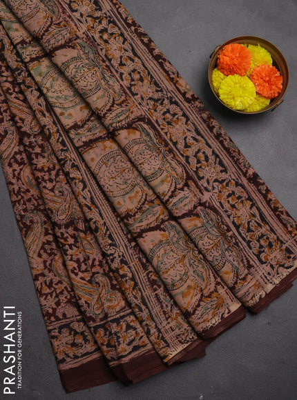 Kalamkari cotton saree coffee brown with allover block prints and printed border