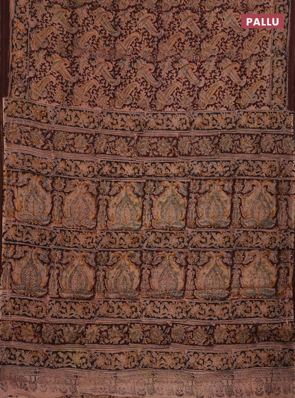 Kalamkari cotton saree coffee brown with allover block prints and printed border