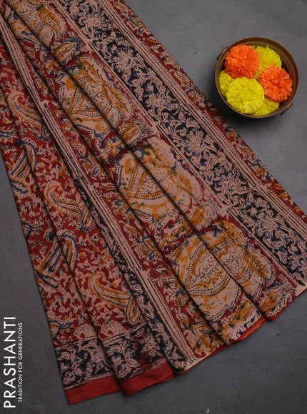 Kalamkari cotton saree maroon with allover block prints and printed border