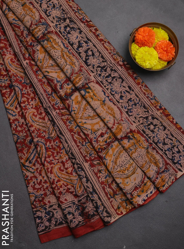 Kalamkari cotton saree maroon with allover block prints and printed border