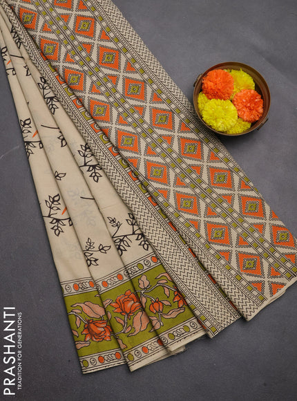 Kalamkari cotton saree beige and lime green with allover butta prints and printed border