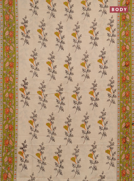 Kalamkari cotton saree beige and lime green with allover butta prints and printed border