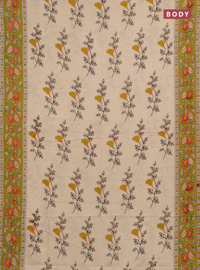 Kalamkari cotton saree beige and lime green with allover butta prints and printed border