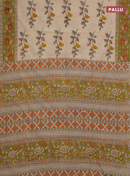Kalamkari cotton saree beige and lime green with allover butta prints and printed border
