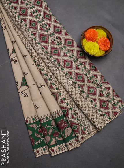 Kalamkari cotton saree beige and green with allover butta prints and printed border