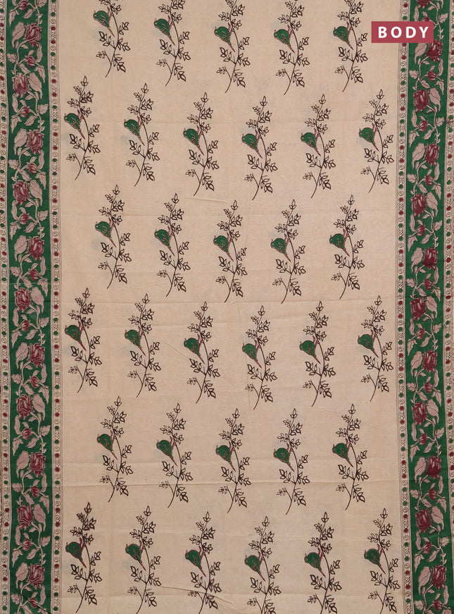 Kalamkari cotton saree beige and green with allover butta prints and printed border