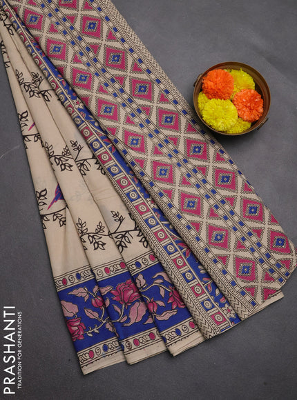 Kalamkari cotton saree beige and blue with allover butta prints and printed border