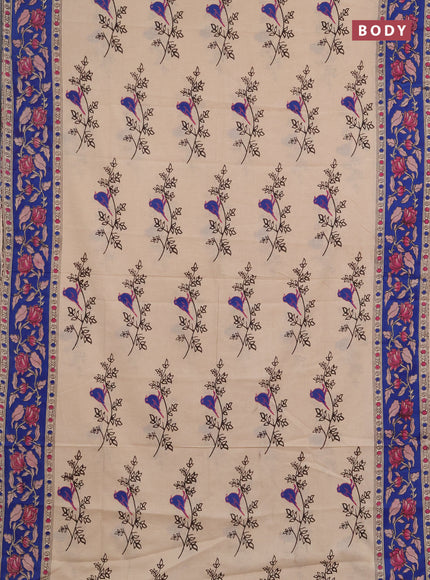Kalamkari cotton saree beige and blue with allover butta prints and printed border
