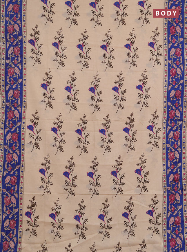 Kalamkari cotton saree beige and blue with allover butta prints and printed border