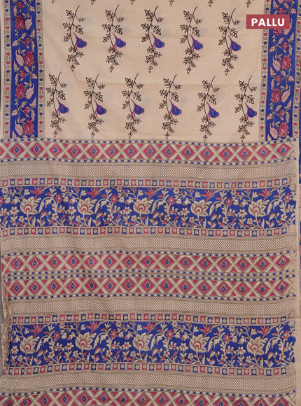 Kalamkari cotton saree beige and blue with allover butta prints and printed border